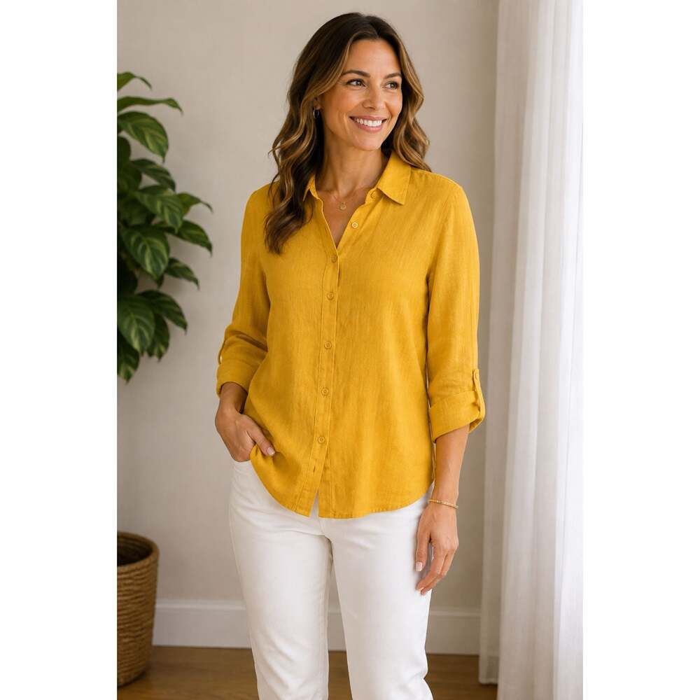 Coldwater Creek Mustard Yellow Linen Blend Button Down Blouse Women’s Size Large